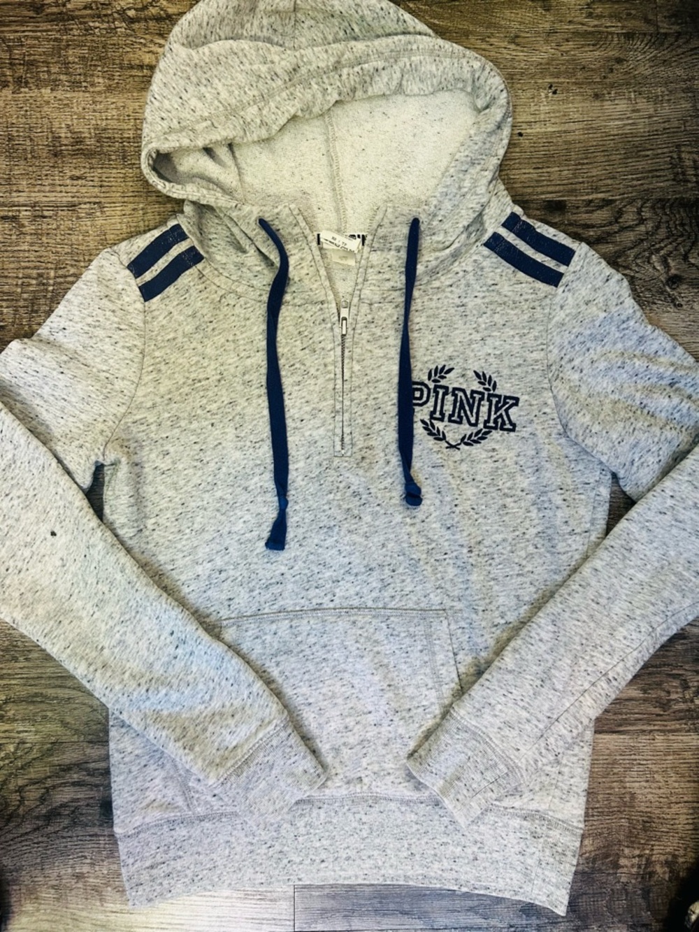 Victoria's Secret PINK Heather Gray Half-Zip Hoodie with Navy Accents